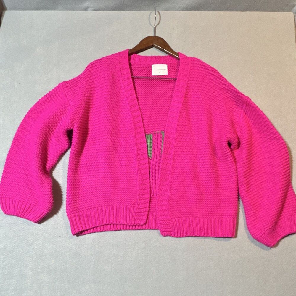 Panache Apparel Chunky-Knit Cardigan Sweater Pink Green Ski Graphic Women M